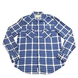 VTG Denim Supply Ralph Lauren Shirt‎ Mens Medium Plaid Pearl Snap Blue Vintage